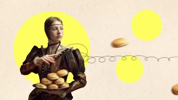 動くなアニメーション エレガントな ヴィンテージの衣装で美しい女の子は 軽い背景にハンバーガーパンを保持ドレス 時代の比較 創造性 栄養の概念 バナー — ストック動画