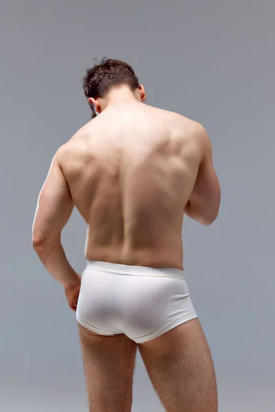 Rear View Muscular Relief Male Back Man Posing Shirtless Underwear — Stock Photo, Image