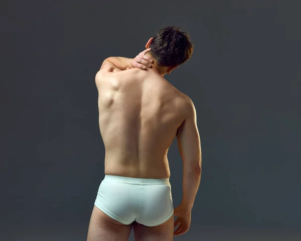 Smärta Nacken Beskuren Bild Stark Muskulös Manlig Kropp Lindring Tillbaka — Stockfoto