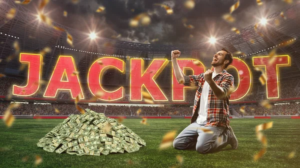 Happy, excited, lucky man sitting on knees at 3D arena and celebrating successful winning of money. Football betting. Concept of sport, fan, betting, finances, gambling, bookmaker, modern technologies