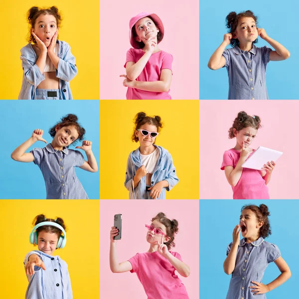 小美女肖像的拼图 穿着不同衣服的孩子在五颜六色的工作室背景下摆姿势 情感概念 生活方式 — 图库照片