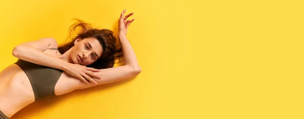 Portrait Young Beautiful Tender Woman Lying Floor Posing Underwear Yellow — Stock Photo, Image