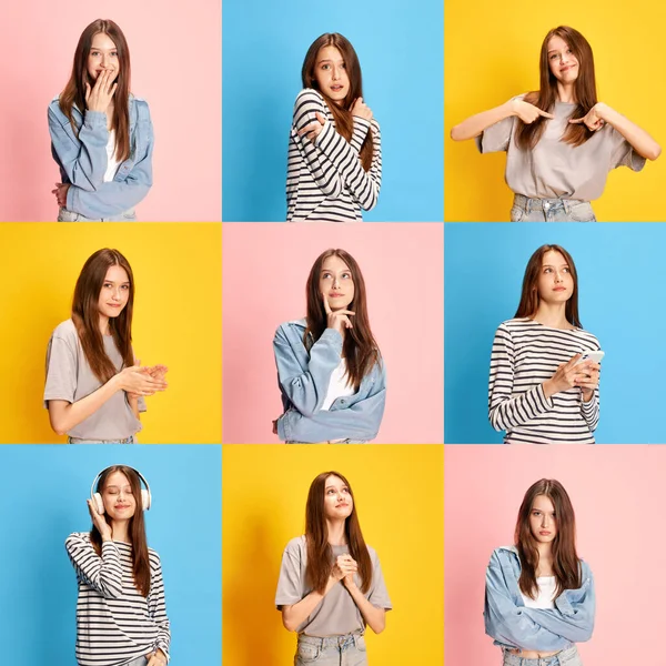 Collage Gjord Porträtt Ung Vacker Kvinna Olika Kläder Poserar Med — Stockfoto
