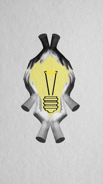 Contemporary Art Collage Human Hands Lightbulb Symbolizing Creature Professional Ideas — Stock Photo, Image