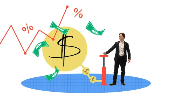 Colagem Arte Contemporânea Empresário Analista Financeiro Trabalhando Com Dinheiro Desenvolvendo — Fotografia de Stock