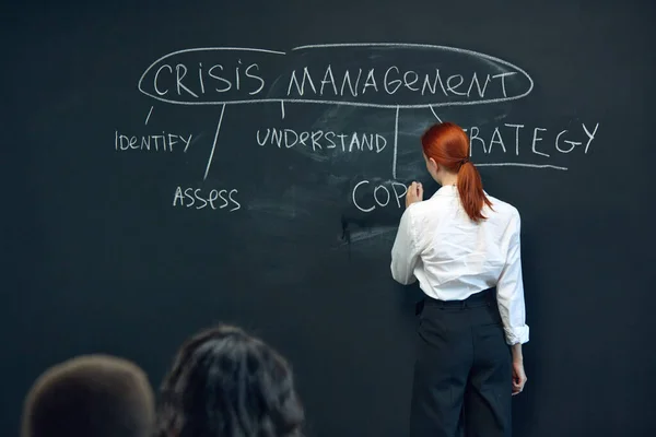 Young woman, employee writing on black board plan of crisis management. Meeting with colleagues for discussion and planning. Concept of business, planning, strategy, brainstorming, analytics, ad