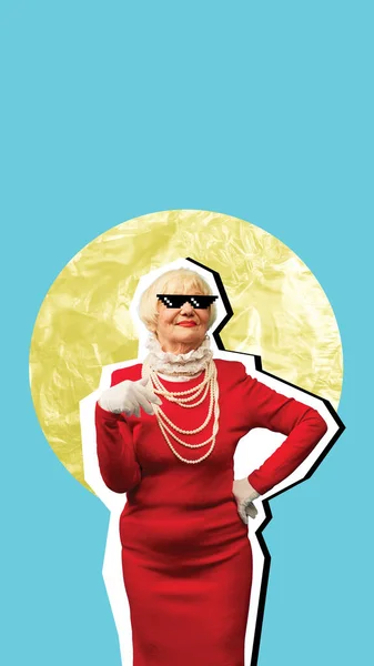 Koláž Současného Umění Krásná Starší Žena Stojící Elegantních Červených Šatech — Stock fotografie
