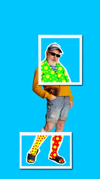Hedendaagse Kunst Collage Senior Man Comfortabele Casual Kleding Blauwe Achtergrond — Stockfoto