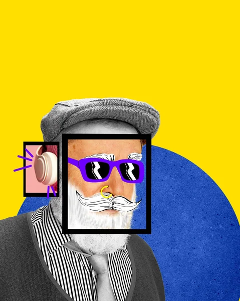 Koláž Současného Umění Stylový Hipster Starší Muž Hmoždinkami Žlutomodrém Pozadí — Stock fotografie