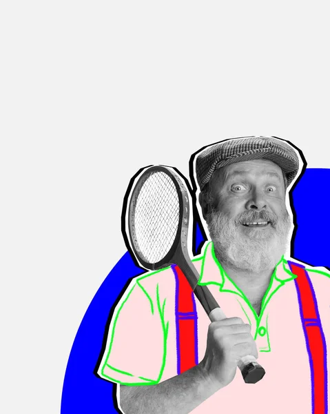 Коллаж Современного Искусства Старший Веселый Мужчина Стоящий Теннисной Ракеткой Хобби — стоковое фото