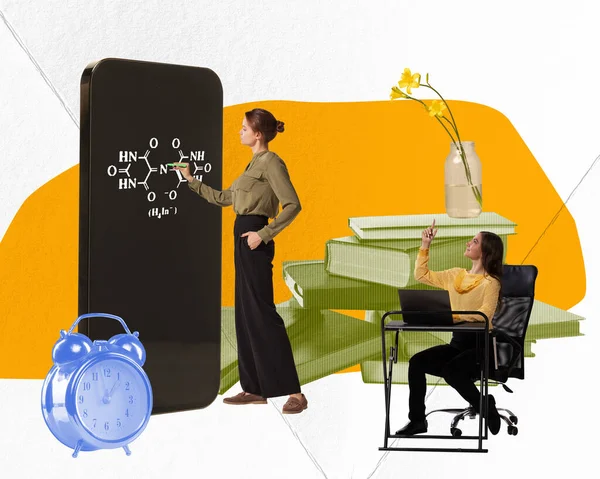 現代美術 若い女性 学生が座って 携帯電話の画面を見て 家庭教師と化学を学びます オンライン教育 現代技術 フリーランスの仕事 イノベーション 広告の概念 — ストック写真