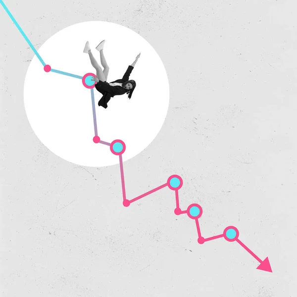 Young Woman Employee Falling Analytical Arrow Symbolizing Financial Crisis Enterprise — Stock Photo, Image