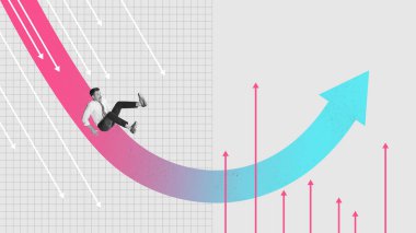 Duygusal iş adamı analitik ok üzerinde bir kayma. Korkular. Risk almak ve profesyonel başarı elde etmek. Çağdaş sanat kolajı. İş kavramı, mesleki zorluklar, hırslar, kariyer, reklam