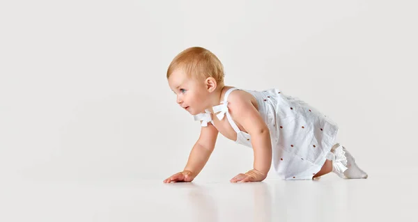 Menina Bonito Pequeno Bebê Criança Bom Vestido Rastejando Chão Contra — Fotografia de Stock