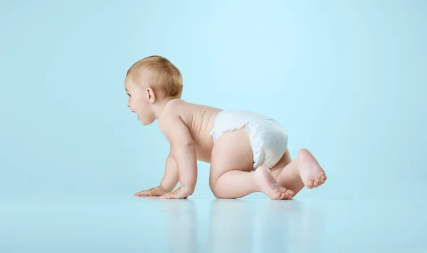 好奇心旺盛で陽気な赤ん坊 ライトブルーのスタジオの背景に対して床を這うおむつの幼虫 幼少期 新生児のライフスタイル ケアの概念 Adのためのスペースをコピーする — ストック写真