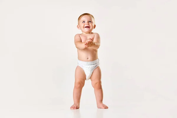 baby boy in diapers on white background, Infant baby boy in diaper crawl  happily looking at camera isolated on white background, Infant baby boy in  diapers standing on a white background Stock