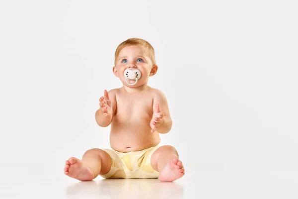 小さな落ち着いた赤ん坊の肖像画 おしゃぶりと座っているトッドラー 手を叩き 白いスタジオの背景に目を向けます 子供の頃の概念 新生児のライフスタイル Adのためのスペースをコピーする — ストック写真