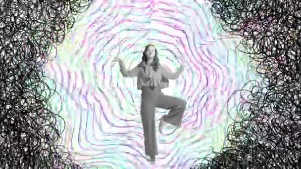 禅について ヨガのポーズに立って瞑想する少女 ネガティブな思考を避け うつ病を回避する アニメーションを停止する 内なる世界 精神衛生 心理学の概念 — ストック動画