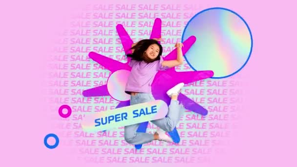 超大的销售旺季 廉价购物的好时机 年轻的亚洲女孩高兴地跳过抽象的背景 停止运动 黑色星期五 创意的概念 — 图库视频影像