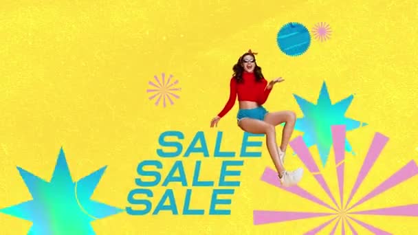 Mladá Dívka Veselým Výrazem Přes Žluté Pozadí Prodejní Slova Nakupování — Stock video