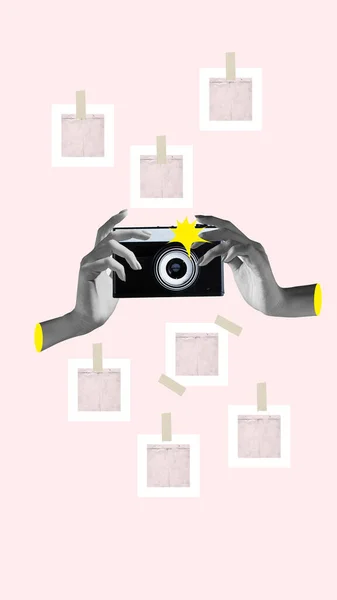배경에 복고풍 카메라와 사진을 콜라주 사진의 창조적 직업의 포스터 — 스톡 사진