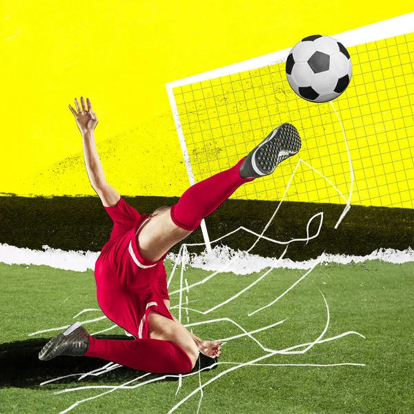 サッカー サッカーのダイナミックなイメージは 試合中に動き 脚でボールを打って落ちる 現代アートコラージュ スポーツ ゲーム 競争の概念 ポスター — ストック写真