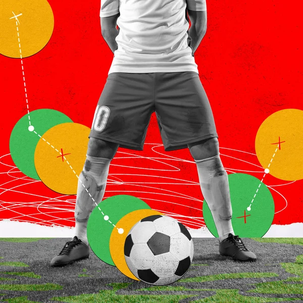 被裁剪成男性腿的形象 身穿制服的足球运动员站在球边 多姿多彩的设计当代艺术拼贴 专业运动 竞赛的概念 — 图库照片