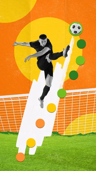 Pionowy Dynamiczny Obraz Skoncentrowanego Młodego Człowieka Piłkarza Ruchu Uderzającego Piłkę — Zdjęcie stockowe