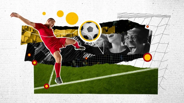 Spiel Online Übersetzung Mann Fußballspieler Bewegung Ball Schlagen Junge Leute — Stockfoto