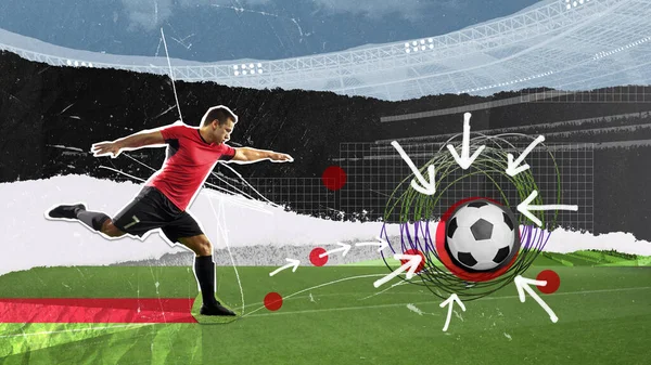 Scoring Winning Goal Young Man Football Player Hitting Ball Gates — Stock Photo, Image