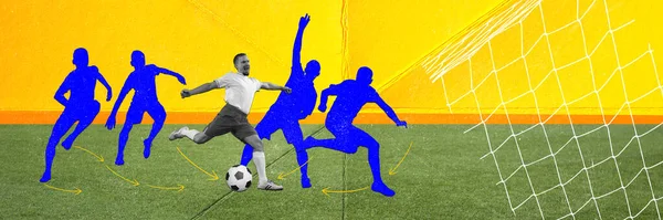 動きの開発について プロサッカー選手がボールで動き 試合中にゴールを決める 現代アートコラージュ スポーツ ゲーム 競争の概念 バナー広告 — ストック写真