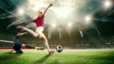 Motive olmuş genç kadınlar, futbol, maç, maç, oyun, top, galibiyet golü. 3D arena, spor sahası. Profesyonel spor, rekabet, dinamik ve oyun kavramı, reklam