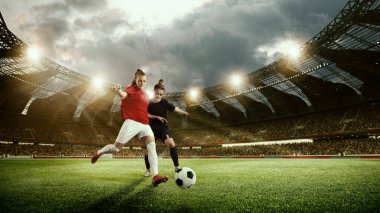 İki rekabetçi kadın, futbol oyuncuları maç, oyun, top sürme... 3D arenada. Açık hava stadyumu. Profesyonel spor kavramı, rekabet, dinamik, oyun, reklam