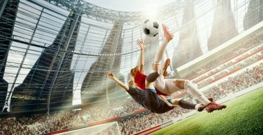 Gergin oyun anı. İki kadının dinamik görüntüsü, hareket halindeki futbolcular, 3D açık hava stadyumunda top atlarken. Profesyonel spor kavramı, rekabet, dinamik, oyun, reklam