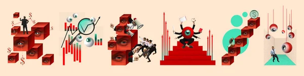 Trade market employees working with analytics and business statistics to grow money and success. Contemporary art collage. Concept of business, creative office, innovations, teamwork. Banner