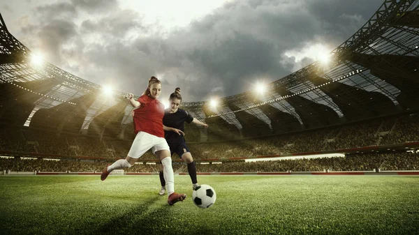 競争力のある2人の女性 試合中に運動中のサッカー選手 ゲーム 3Dアリーナでボールをドリブル オープンエアスタジアム プロスポーツ ダイナミクス ゲーム 広告のコンセプト — ストック写真