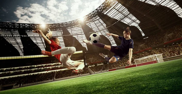 Professional Female Football Players Motion Tense Game Hitting Ball Playing — Stock Photo, Image