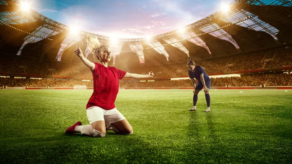 Win and lose. Two women, football player after match feeling happy and sad, 3d open air stadium with blurred audience. Concept of professional sport, competition, dynamics, game, ad