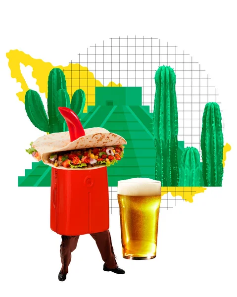 新しい場所を訪れる観光客 伝統的な食べ物を食べる ビールを飲む メキシコ文化 現代アートコラージュ シュレアリズム インスピレーションの概念 レトロスタイル — ストック写真