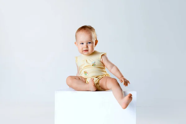 小さな赤ん坊の女の子の肖像画 トッドラー 青い目を持つ子供は穏やかに灰色のスタジオの背景に座っています 好奇心旺盛な子供 子供時代 ライフスタイル ケアの概念 Adのためのスペースをコピーする — ストック写真