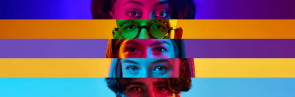 Collage Close Images Male Female Eyes People Multicolored Background Neon — Zdjęcie stockowe