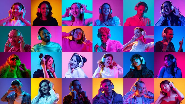 在霓虹灯下 由不同的人 男人和女人用耳机在五颜六色的背景下听音乐的画像组成的学院 人类情感的概念 生活方式 面部表情 — 图库照片
