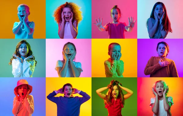 Colagem Feita Retratos Meninos Meninas Crianças Mostrando Emoções Surpresa Contra — Fotografia de Stock