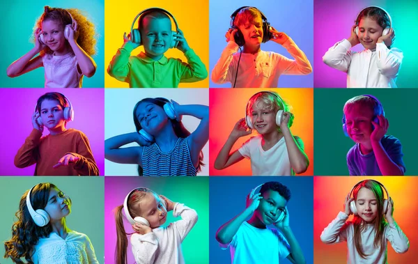 Collage Hecho Retratos Niños Niñas Pequeños Niños Escuchando Música Auriculares —  Fotos de Stock