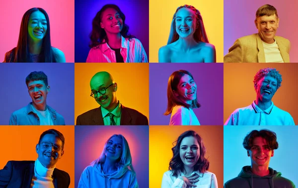 Kollázs Különböző Fiatalokról Férfiakról Nőkről Akik Neonfényben Sokszínű Háttérrel Mosolyognak — Stock Fotó