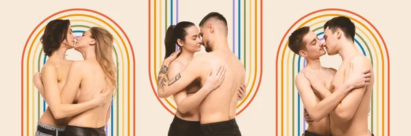 不同的夫妇 同性恋 同性恋和直抱和亲吻彩虹元素 当代艺术拼贴 接受和自由的概念 — 图库照片