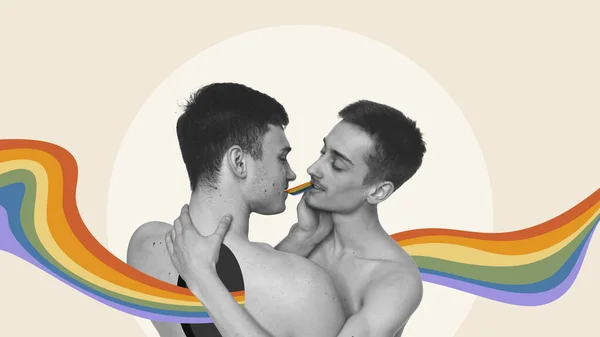 Young Men Hugging Expressing Love Each Other Rainbow Elements Support — Stock Photo, Image