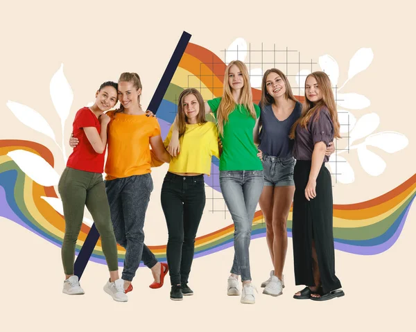 Renkli Tişörtler Içinde Genç Güzel Kadınlar Lgbt Topluluğunu Destekliyor Çağdaş — Stok fotoğraf