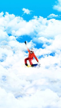 Kasklı ve üniformalı bir adam gökyüzünde snowboard yapıyor. Kış sporları, tatil. Çağdaş sanat kolajı. Hayaller ve fantezi kavramı, gerçeküstücülük, hayal gücü, aktif yaşam tarzı. İlan, ilan.