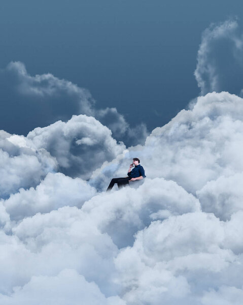 Man sitting on armchair and thinking over cloud, sky background. Inner feelings. Contemporary art collage. Concept of dreams and fantasy, surrealism, imagination. Copy space for ad